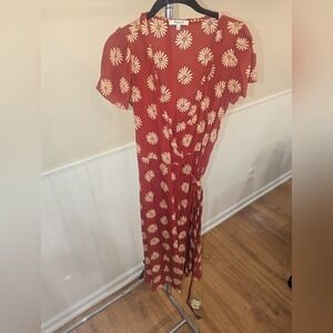 Madewell Rust Red Daisy Floral Wrap Midi Dress Short Sleeve V-Neck Size XS